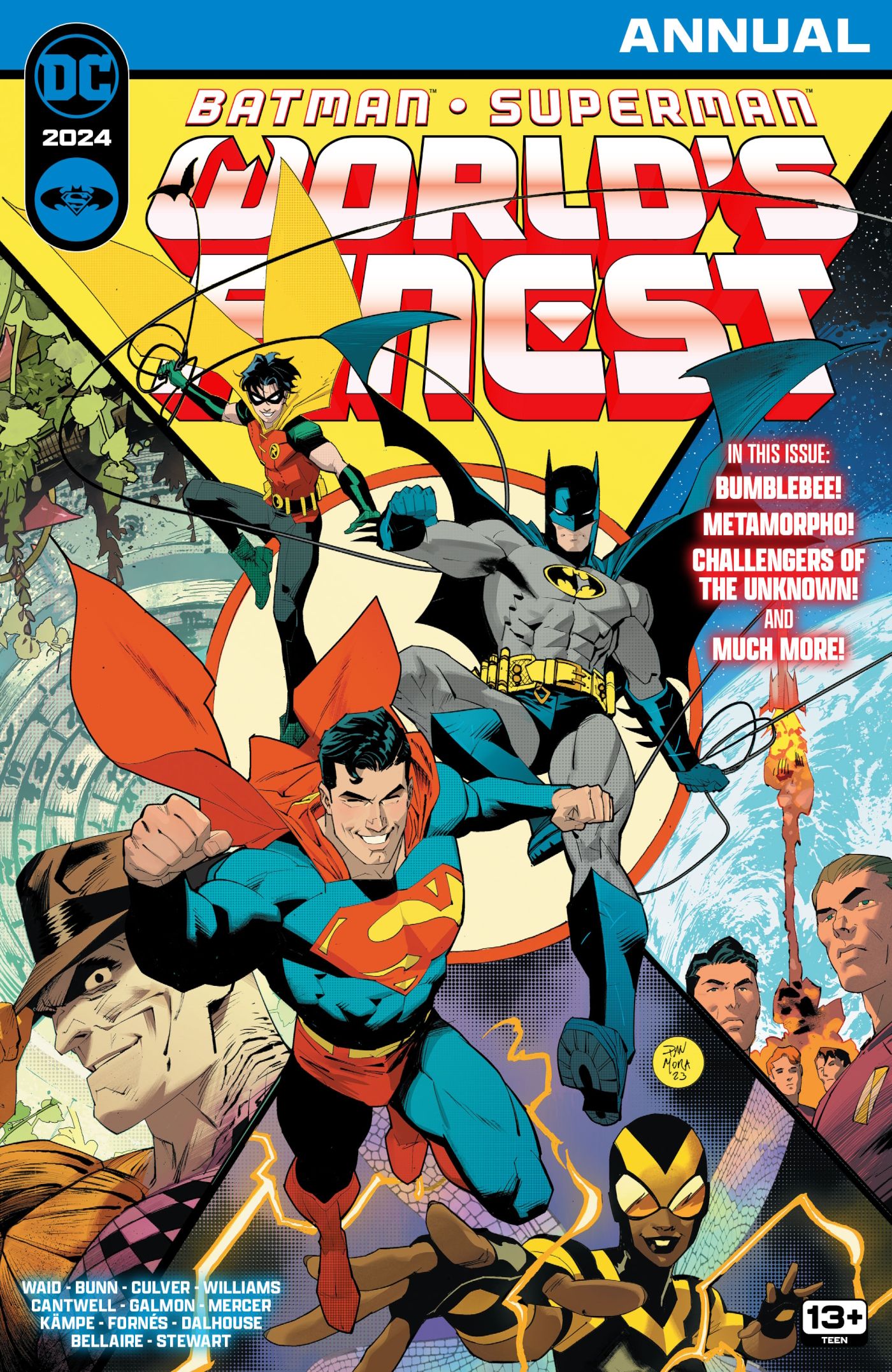Couverture principale annuelle 2024 de Batman Superman World's Finest : Batman et Superman au centre d'une couverture mettant en vedette d'autres super-héros costumés.